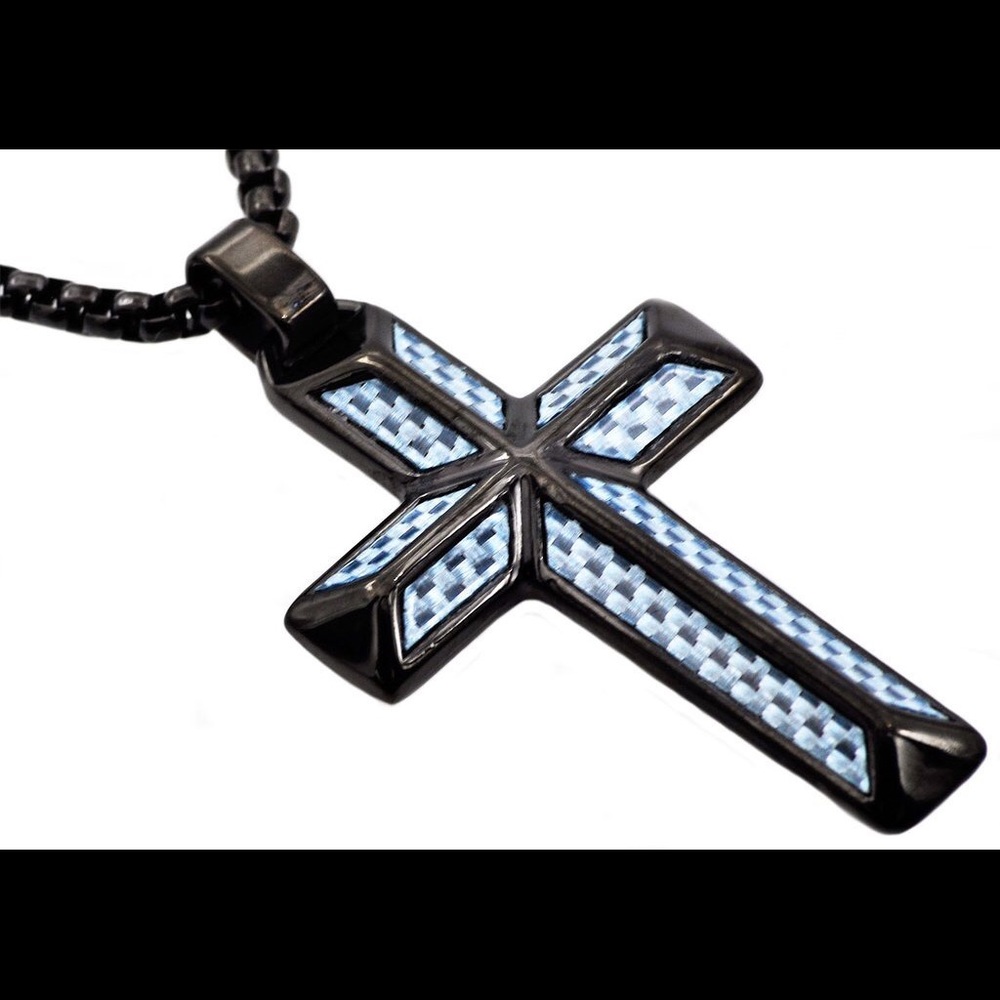 Blue Carbon Fiber Stainless Steel Cross Pendant